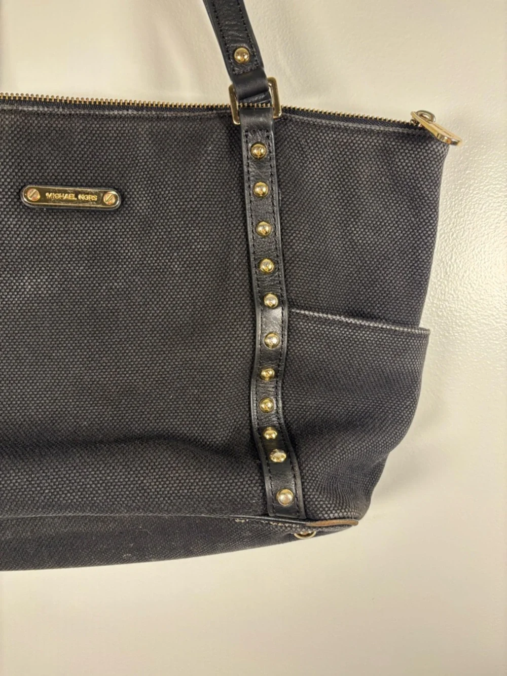 Michael Kors Black Canvas Tote with Studded Gold Trim side pockets